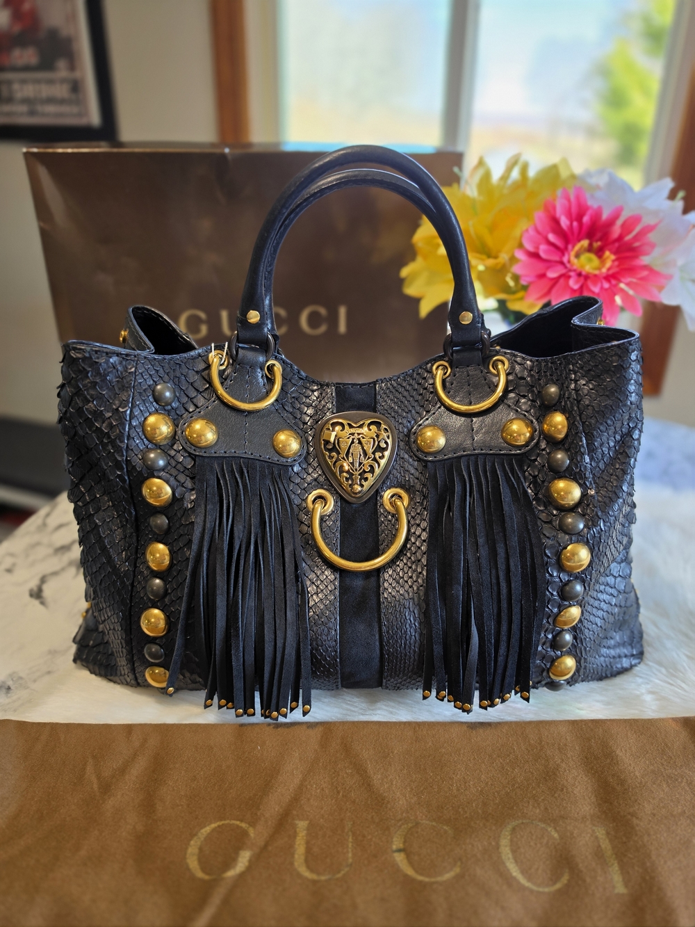 Gucci Babouska Python Studded Fringe XL  Shoulder Bag